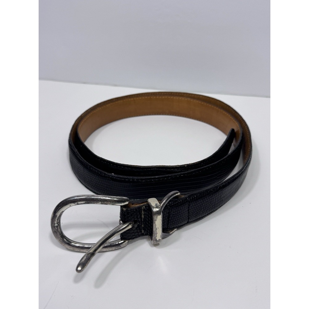 Orvis Mens Genuine Lizard Leather Belt 46 Black USA Workwear Western Buckle